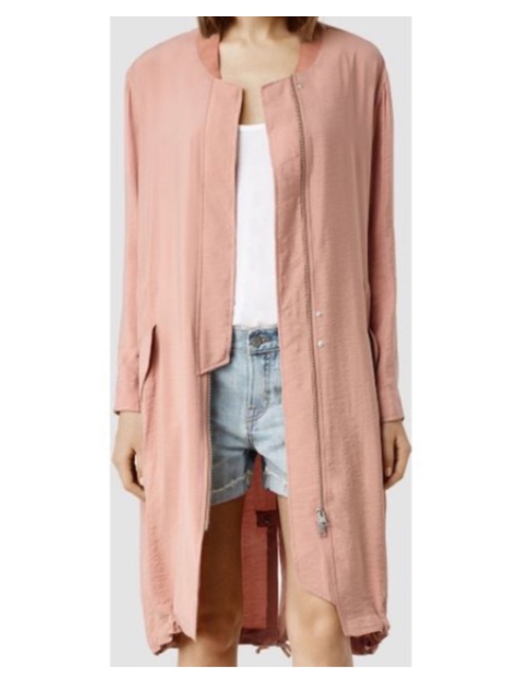 ALL SAINTS longline Elio cotton bomber jacket meets duster in a dusty rose